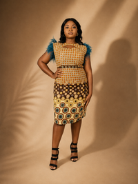 VOLUMINOUS FEATHER CAP SLEEVE DRESS